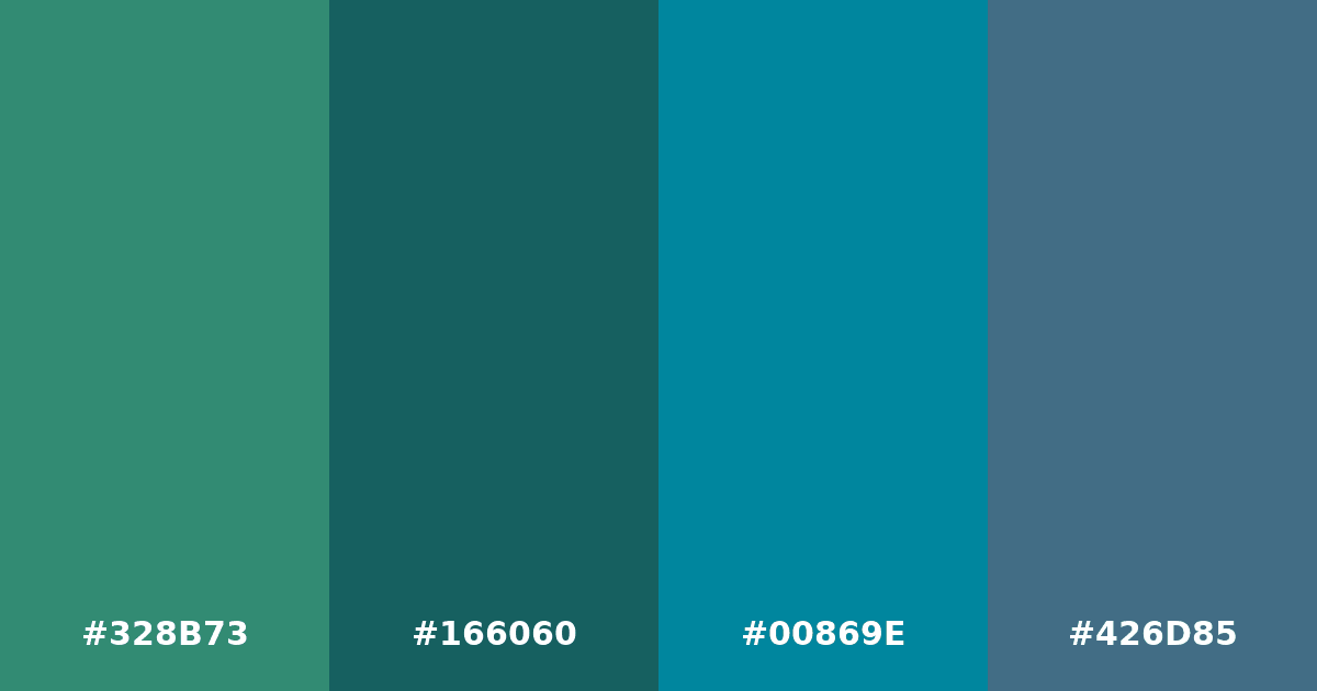Color palette #328B73 #166060 #00869E #426D85