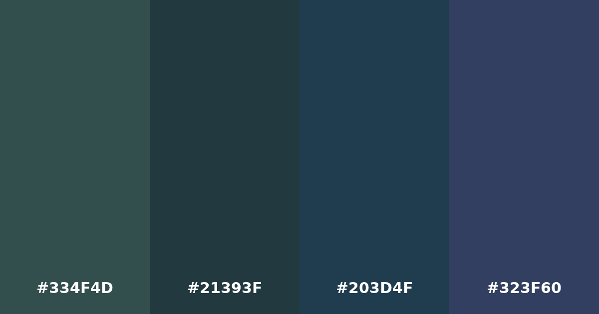 Color palette #334F4D #21393F #203D4F #323F60