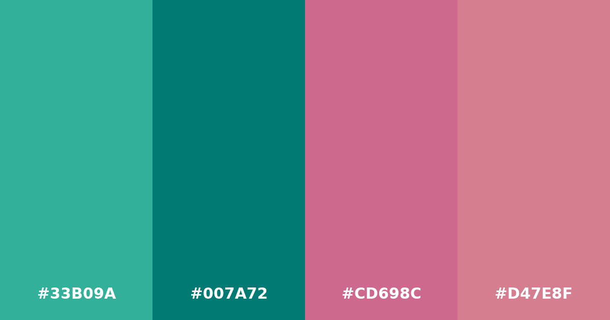 Color palette #33B09A #007A72 #CD698C #D47E8F