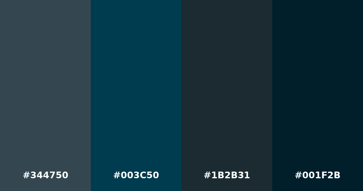 Color palette #344750 #003C50 #1B2B31 #001F2B