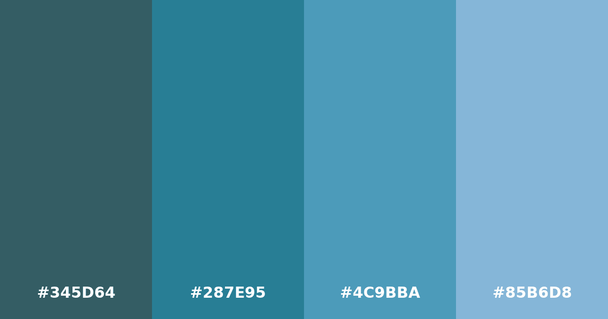 Color palette #345D64 #287E95 #4C9BBA #85B6D8