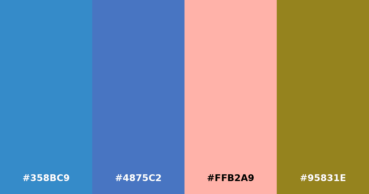 Color palette #358BC9 #4875C2 #FFB2A9 #95831E