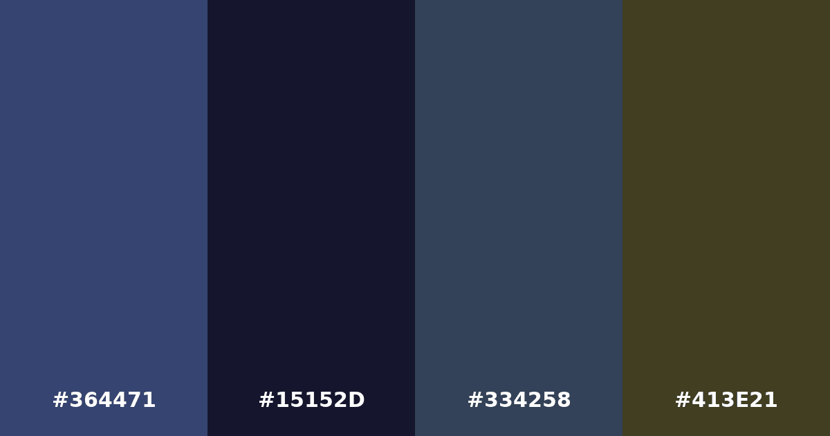 Color palette #364471 #15152D #334258 #413E21