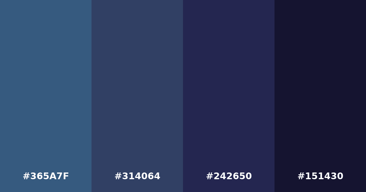 Color palette #365A7F #314064 #242650 #151430