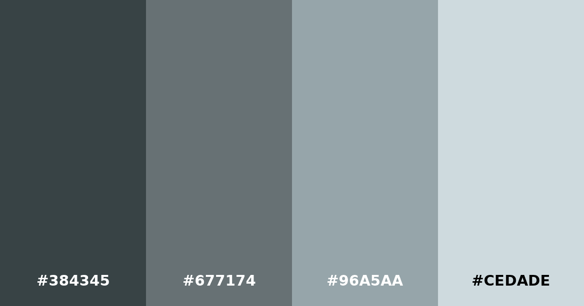 Color palette #384345 #677174 #96A5AA #CEDADE