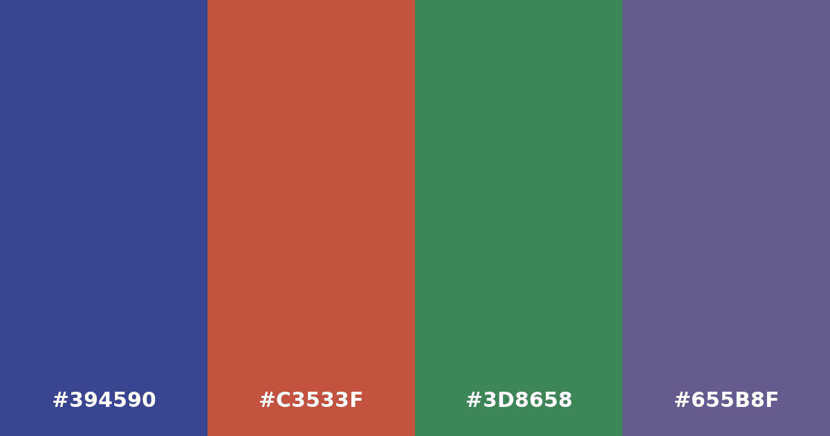 Color palette #394590 #C3533F #3D8658 #655B8F