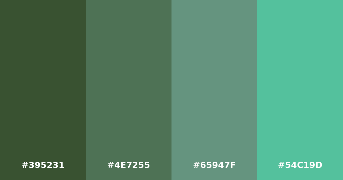 Color palette #395231 #4E7255 #65947F #54C19D