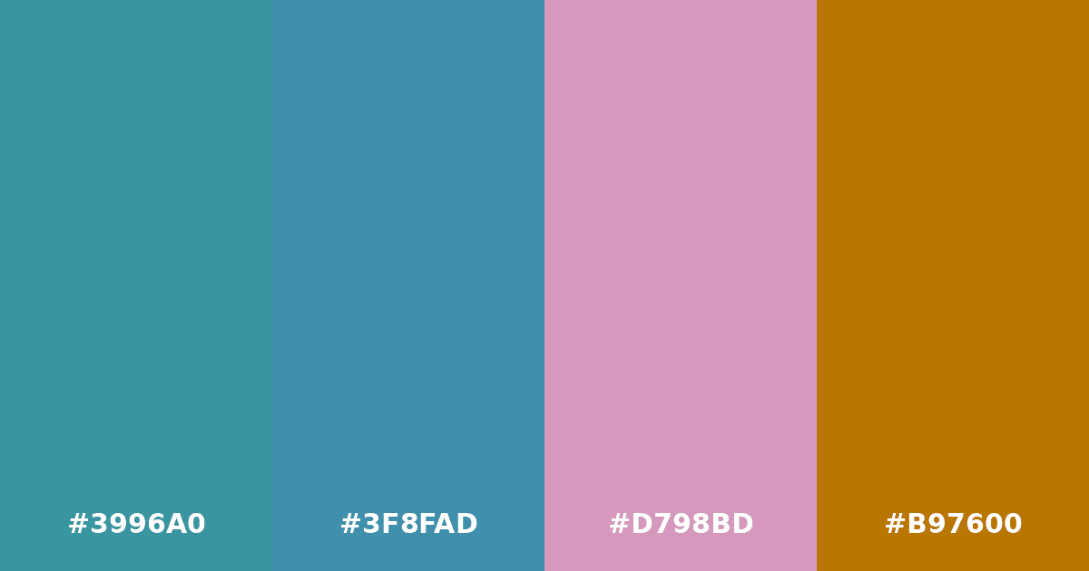Color palette #3996A0 #3F8FAD #D798BD #B97600