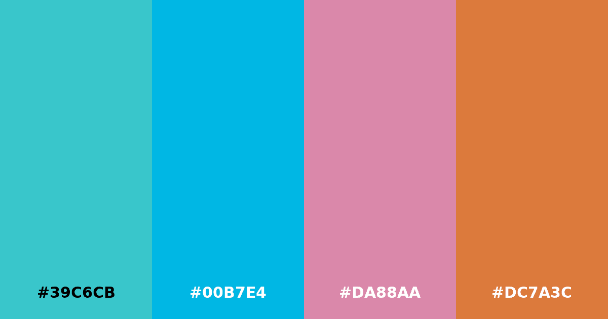 Color palette #39C6CB #00B7E4 #DA88AA #DC7A3C