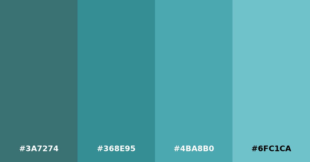 Color palette #3A7274 #368E95 #4BA8B0 #6FC1CA