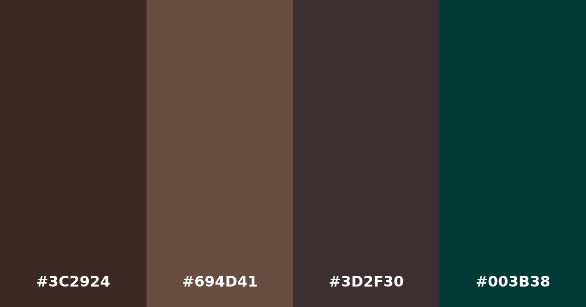 Color palette #3C2924 #694D41 #3D2F30 #003B38