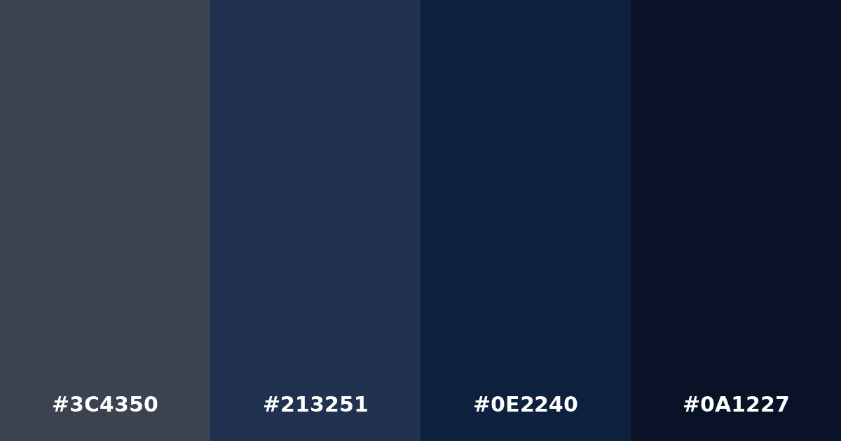 Color palette #3C4350 #213251 #0E2240 #0A1227