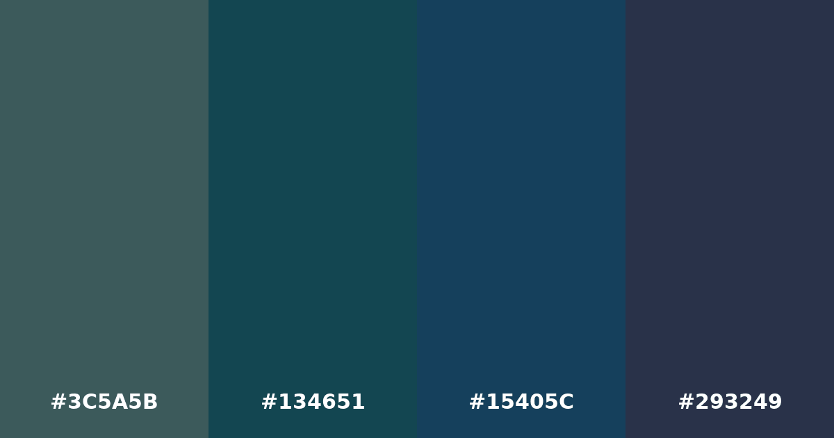 Color palette #3C5A5B #134651 #15405C #293249