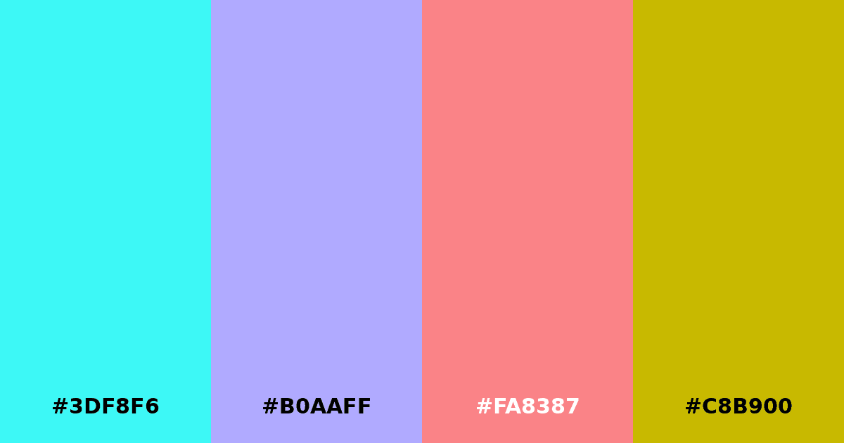 Color palette #3DF8F6 #B0AAFF #FA8387 #C8B900