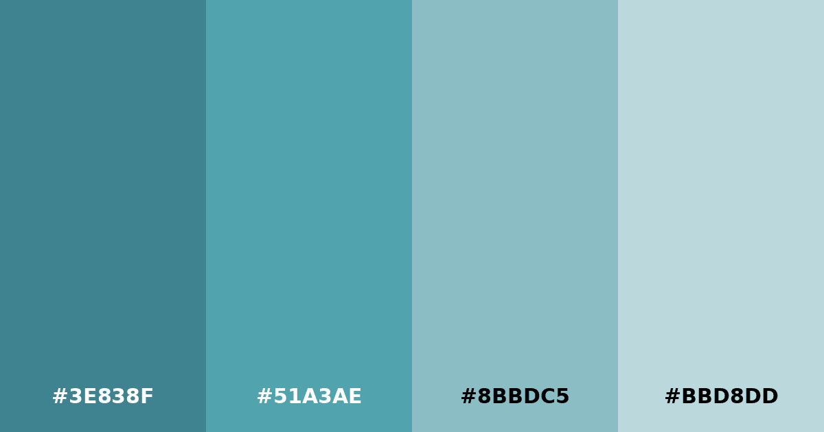 Color palette #3E838F #51A3AE #8BBDC5 #BBD8DD