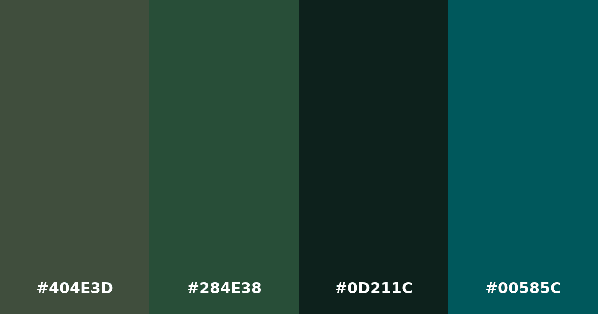 Color palette #404E3D #284E38 #0D211C #00585C