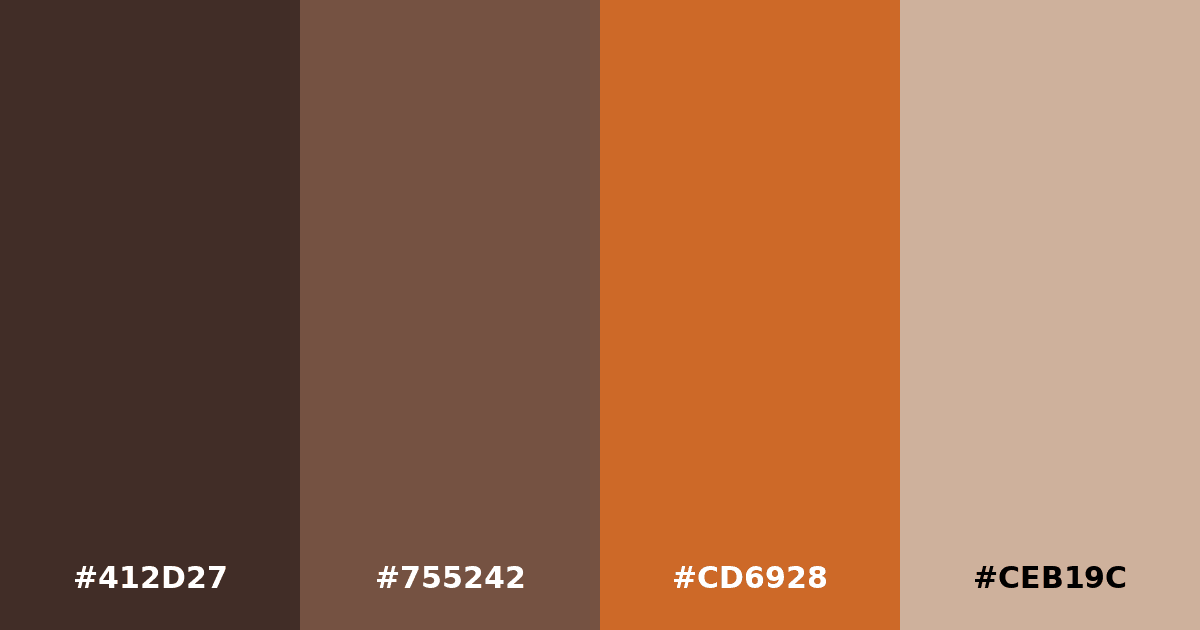 Color palette #412D27 #755242 #CD6928 #CEB19C
