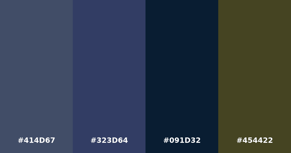Color palette #414D67 #323D64 #091D32 #454422