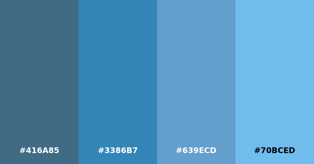Color palette #416A85 #3386B7 #639ECD #70BCED