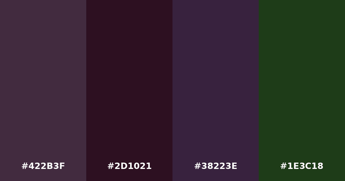 Color palette #422B3F #2D1021 #38223E #1E3C18