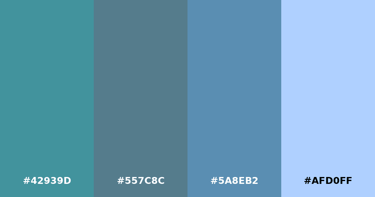 Color palette #42939D #557C8C #5A8EB2 #AFD0FF