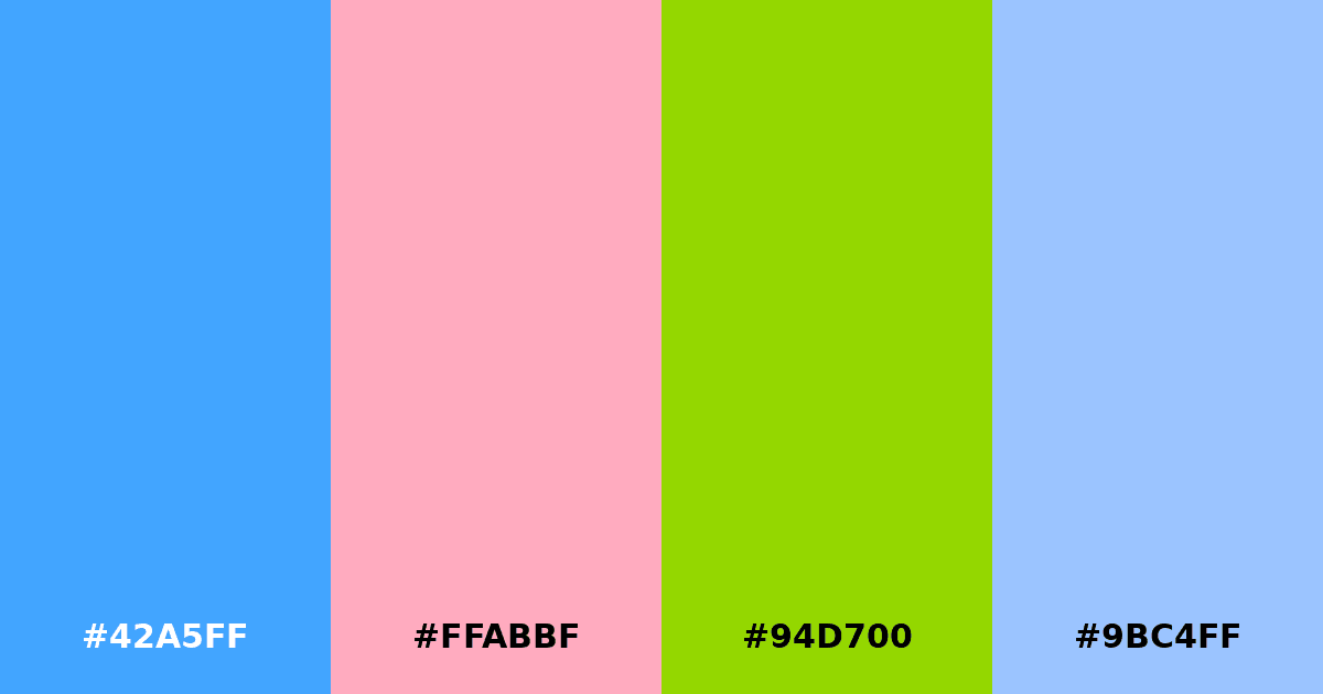 Color palette #42A5FF #FFABBF #94D700 #9BC4FF