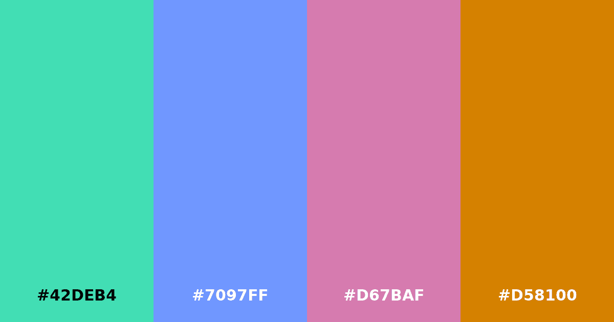 Color palette #42DEB4 #7097FF #D67BAF #D58100