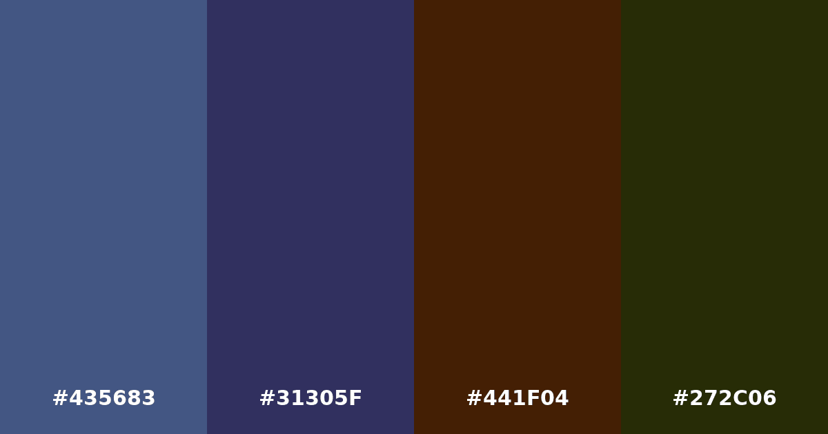Color palette #435683 #31305F #441F04 #272C06