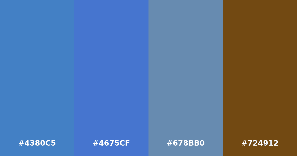 Color palette #4380C5 #4675CF #678BB0 #724912