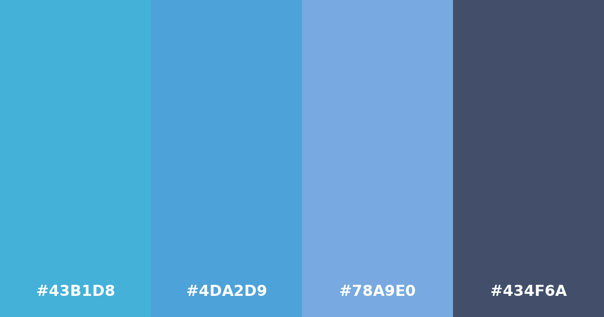 Color palette #43B1D8 #4DA2D9 #78A9E0 #434F6A
