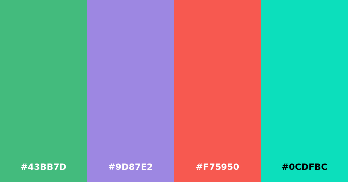 Color palette #43BB7D #9D87E2 #F75950 #0CDFBC
