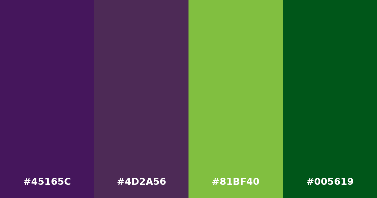 Color palette #45165C #4D2A56 #81BF40 #005619