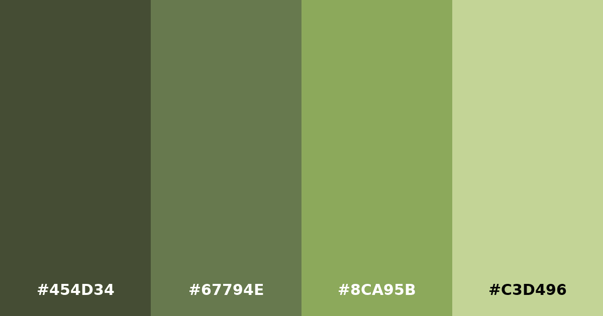 Color palette #454D34 #67794E #8CA95B #C3D496