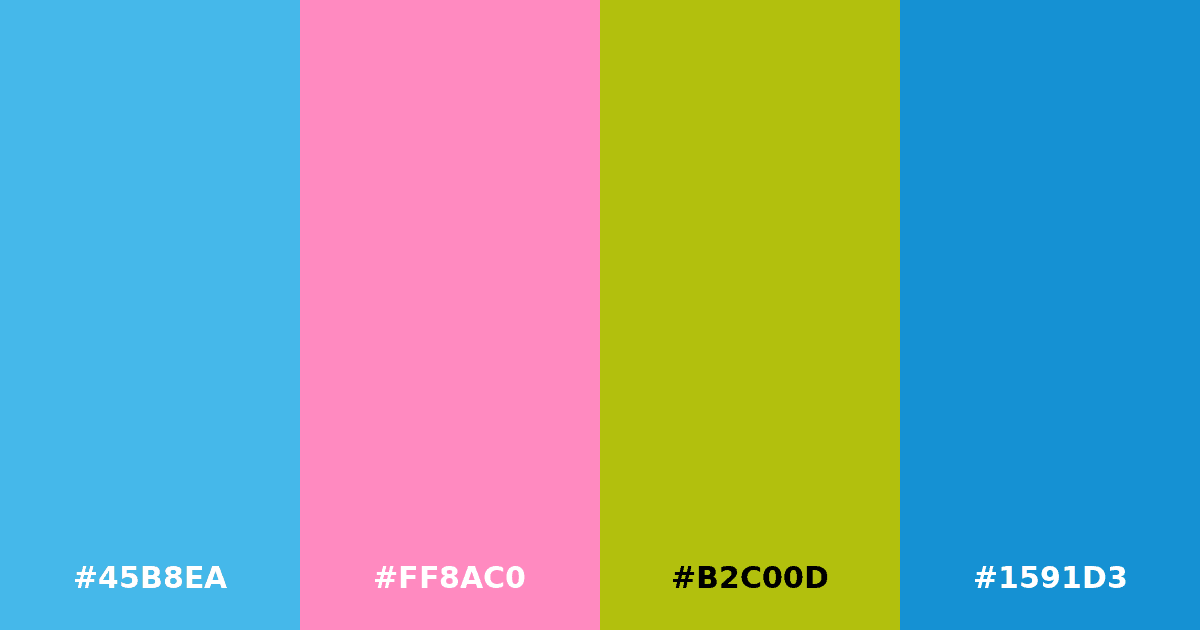 Color palette #45B8EA #FF8AC0 #B2C00D #1591D3