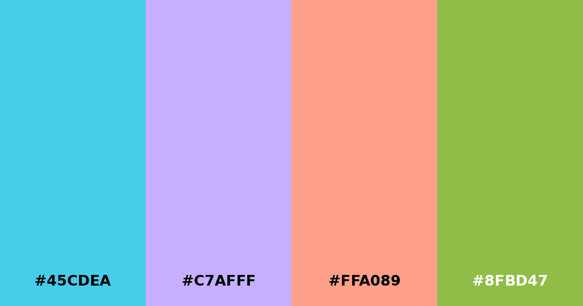 Color palette #45CDEA #C7AFFF #FFA089 #8FBD47