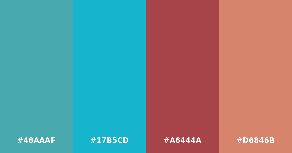 Color palette #48AAAF #17B5CD #A6444A #D6846B