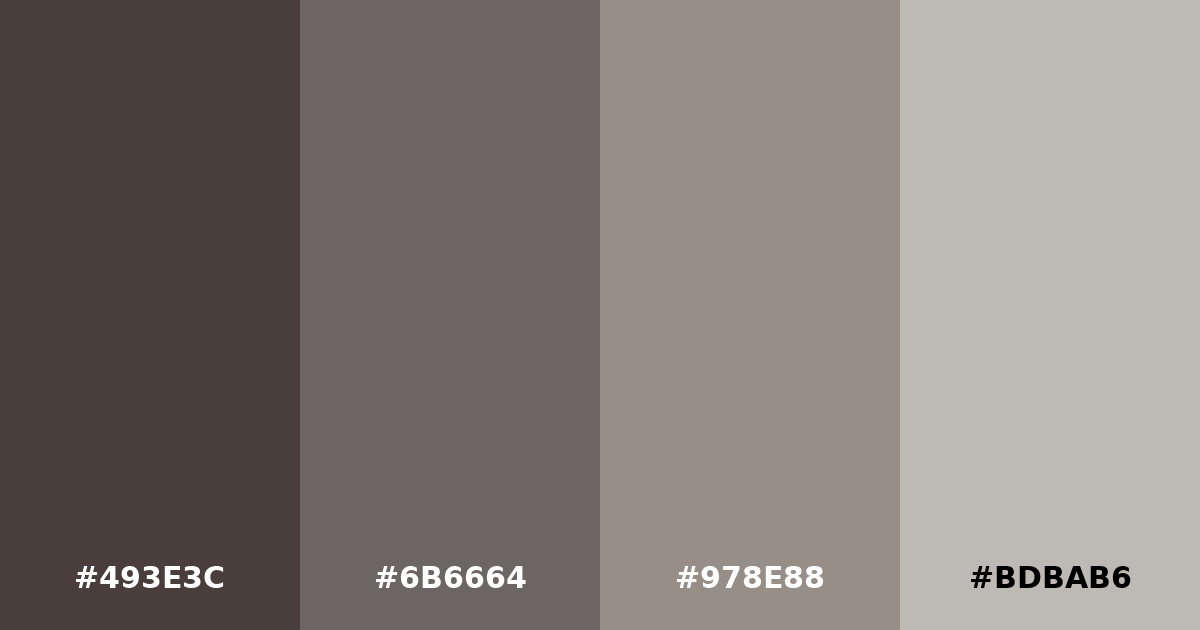 Color palette #493E3C #6B6664 #978E88 #BDBAB6