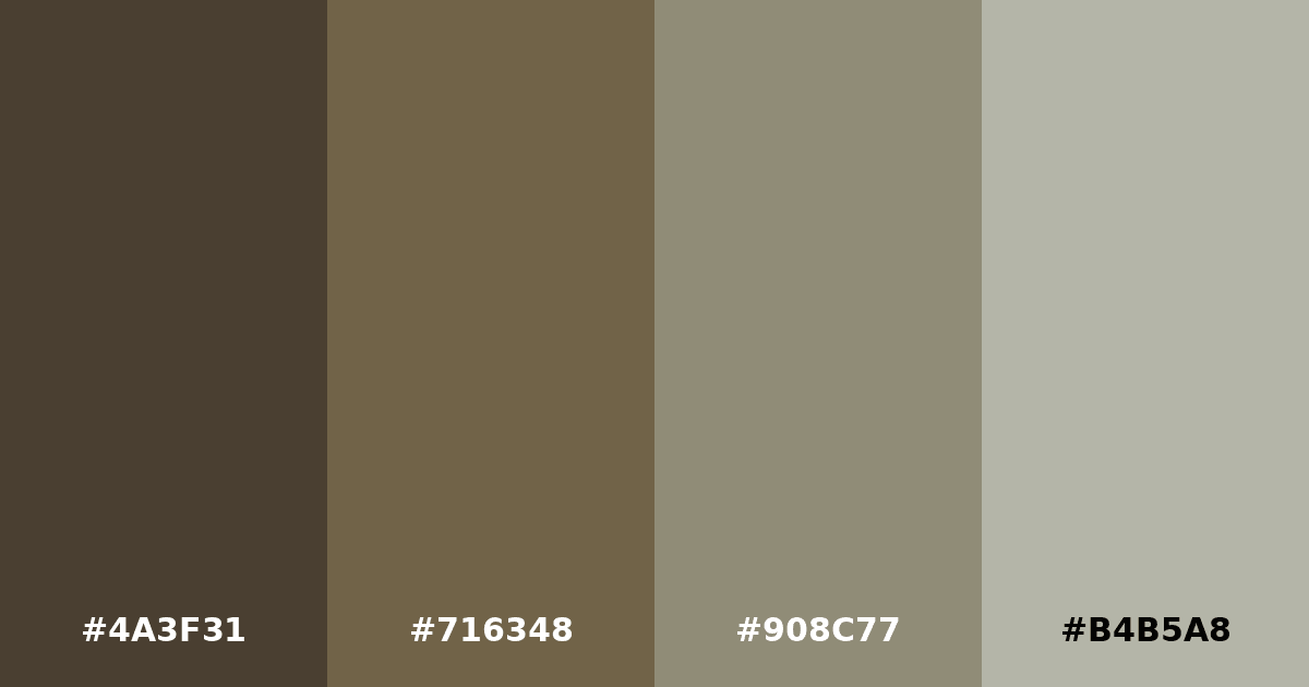 Color palette #4A3F31 #716348 #908C77 #B4B5A8
