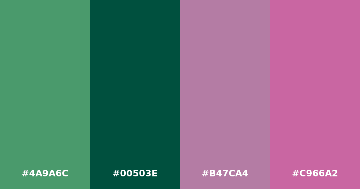 Color palette #4A9A6C #00503E #B47CA4 #C966A2