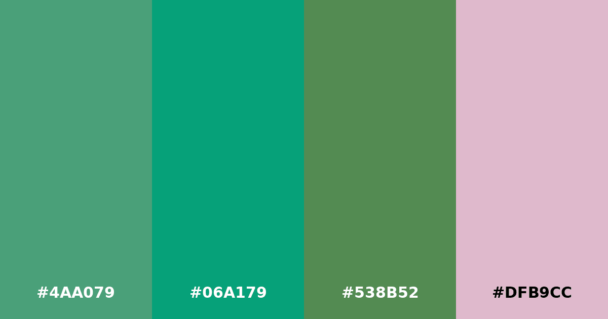 Color palette #4AA079 #06A179 #538B52 #DFB9CC