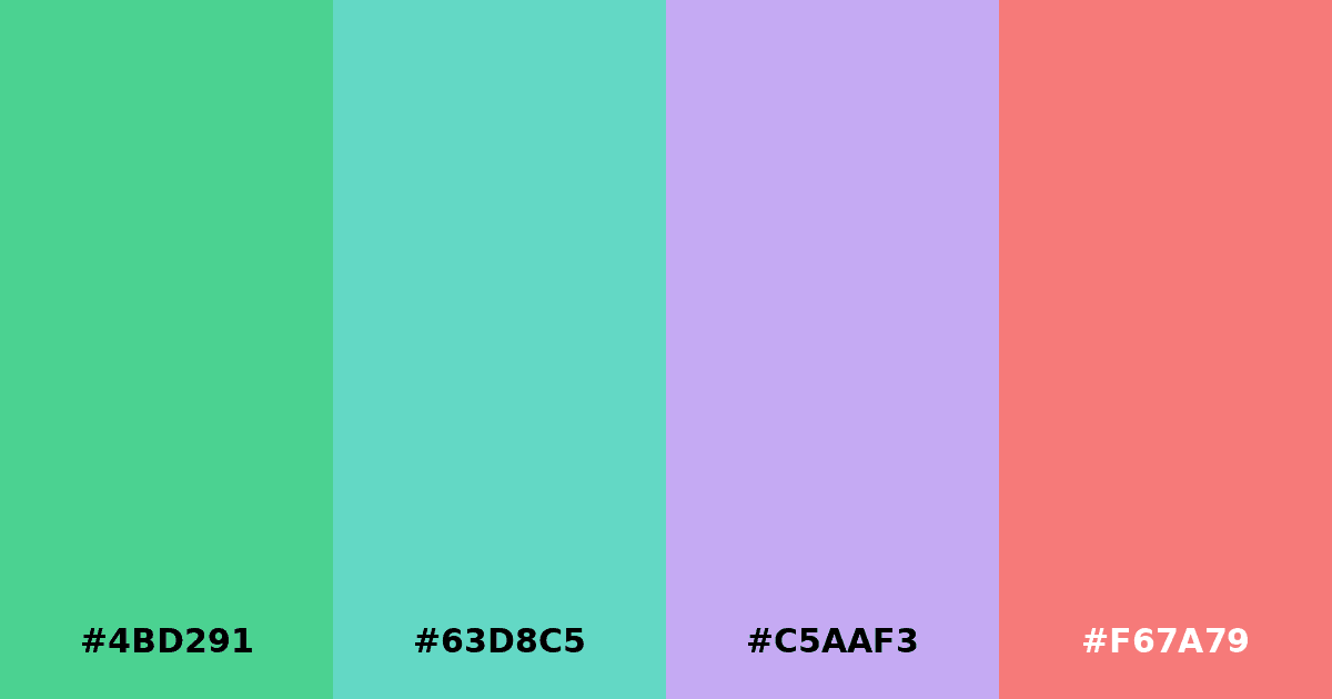 Color palette #4BD291 #63D8C5 #C5AAF3 #F67A79