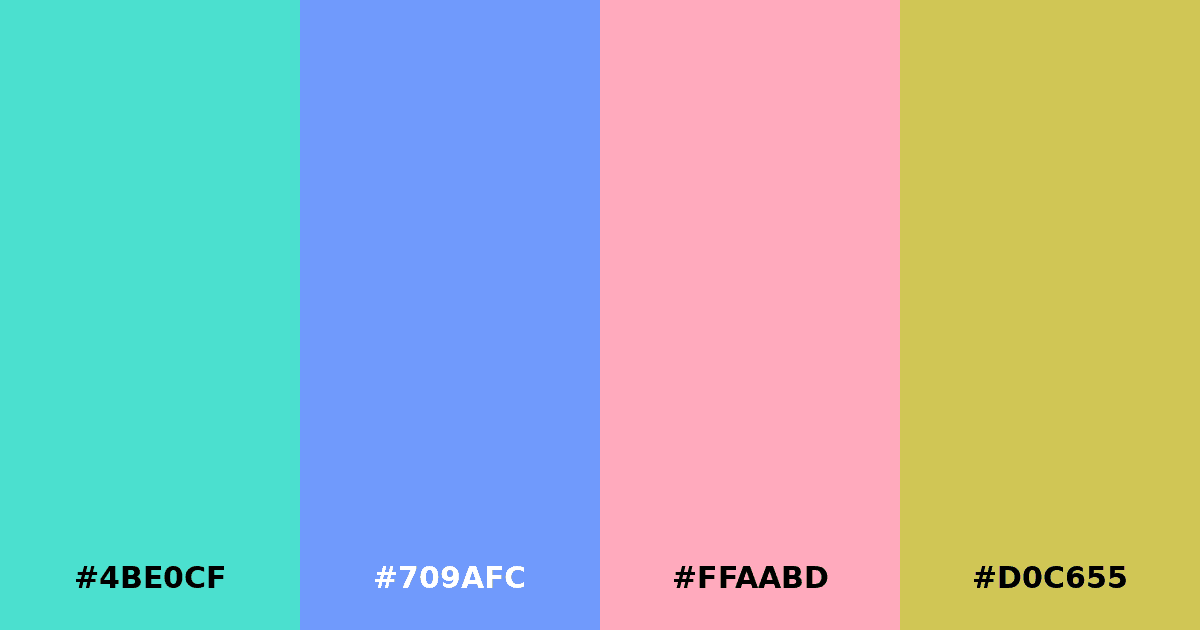Color palette #4BE0CF #709AFC #FFAABD #D0C655