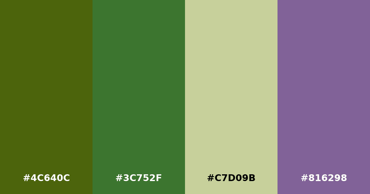 Color palette #4C640C #3C752F #C7D09B #816298