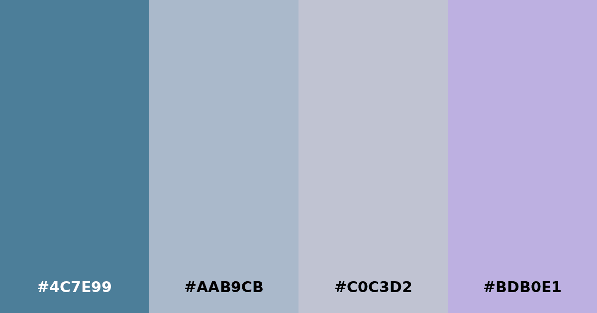 Color palette #4C7E99 #AAB9CB #C0C3D2 #BDB0E1