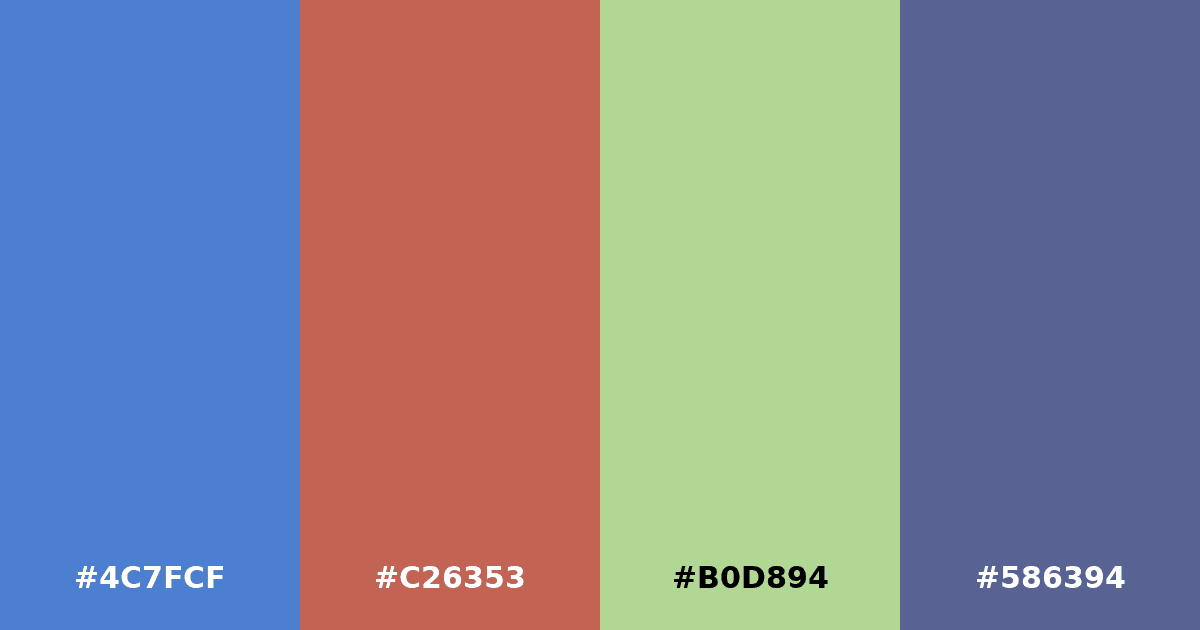 Color palette #4C7FCF #C26353 #B0D894 #586394