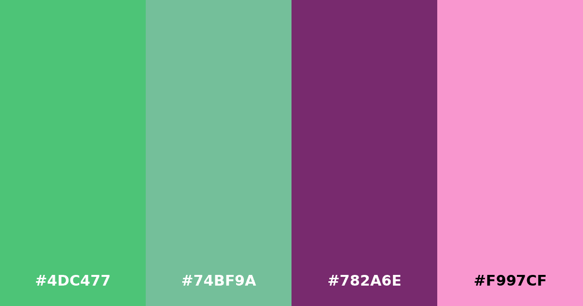 Color palette #4DC477 #74BF9A #782A6E #F997CF