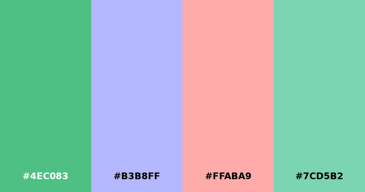 Color palette #4EC083 #B3B8FF #FFABA9 #7CD5B2