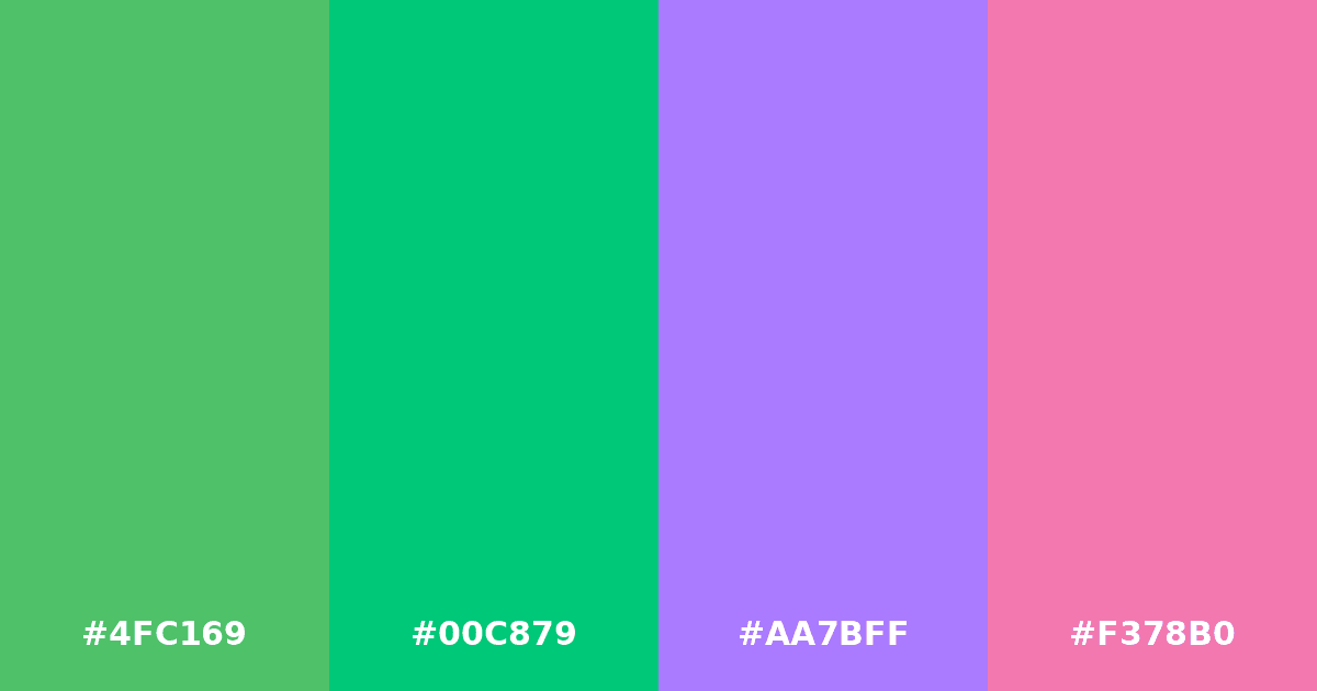 Color palette #4FC169 #00C879 #AA7BFF #F378B0