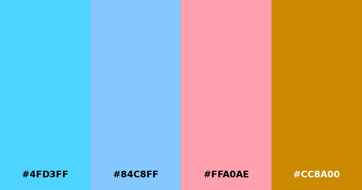 Color palette #4FD3FF #84C8FF #FFA0AE #CC8A00