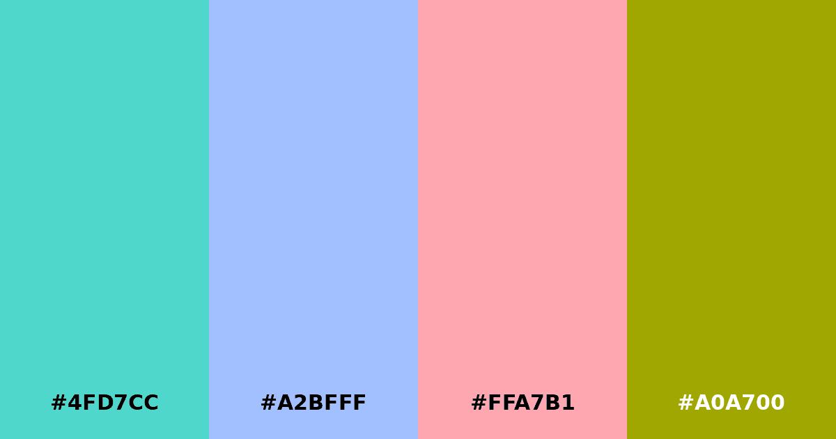 Color palette #4FD7CC #A2BFFF #FFA7B1 #A0A700